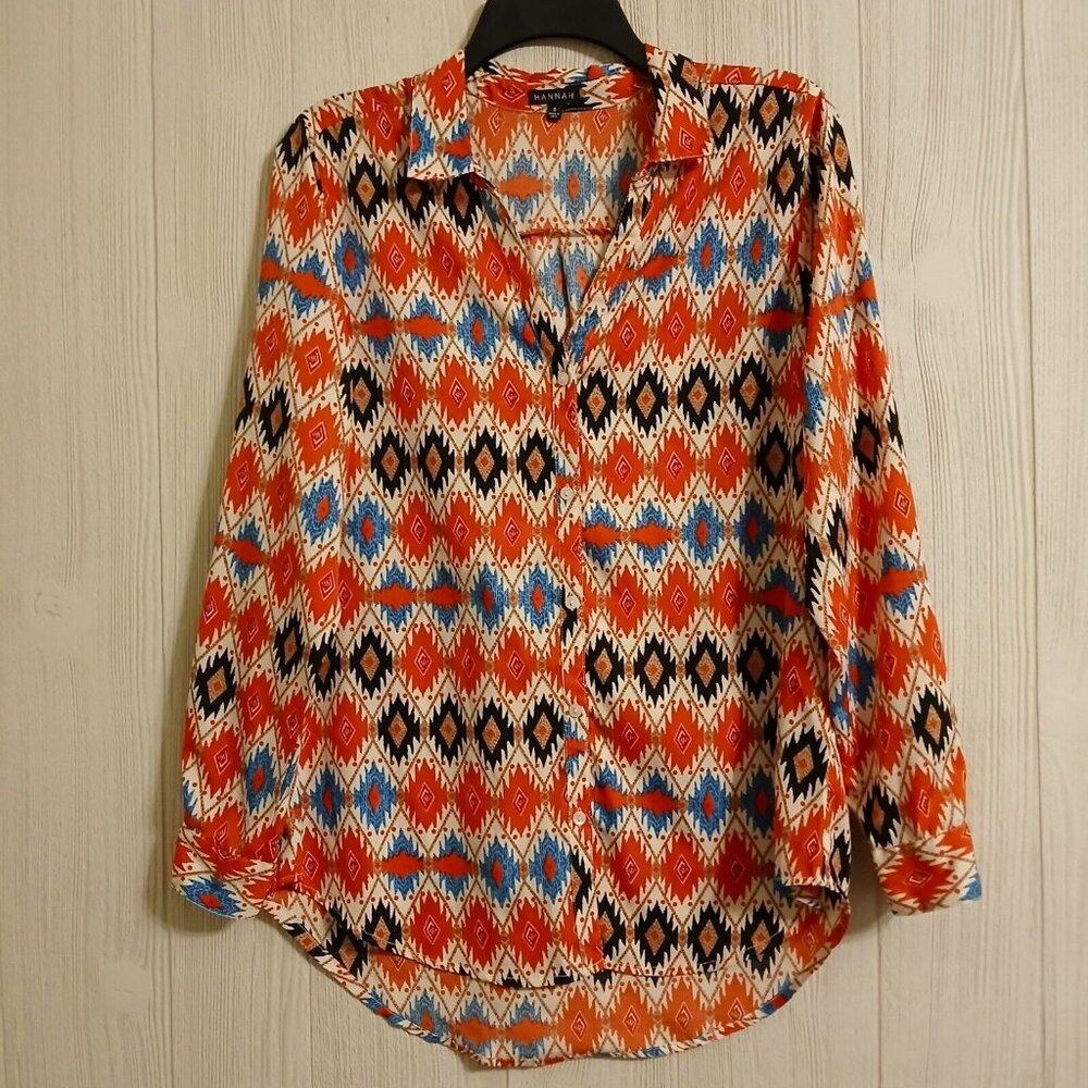 Hannah Women's Size S Red Colorful Button-Up Collared Blouse Roll Tab Sleeve